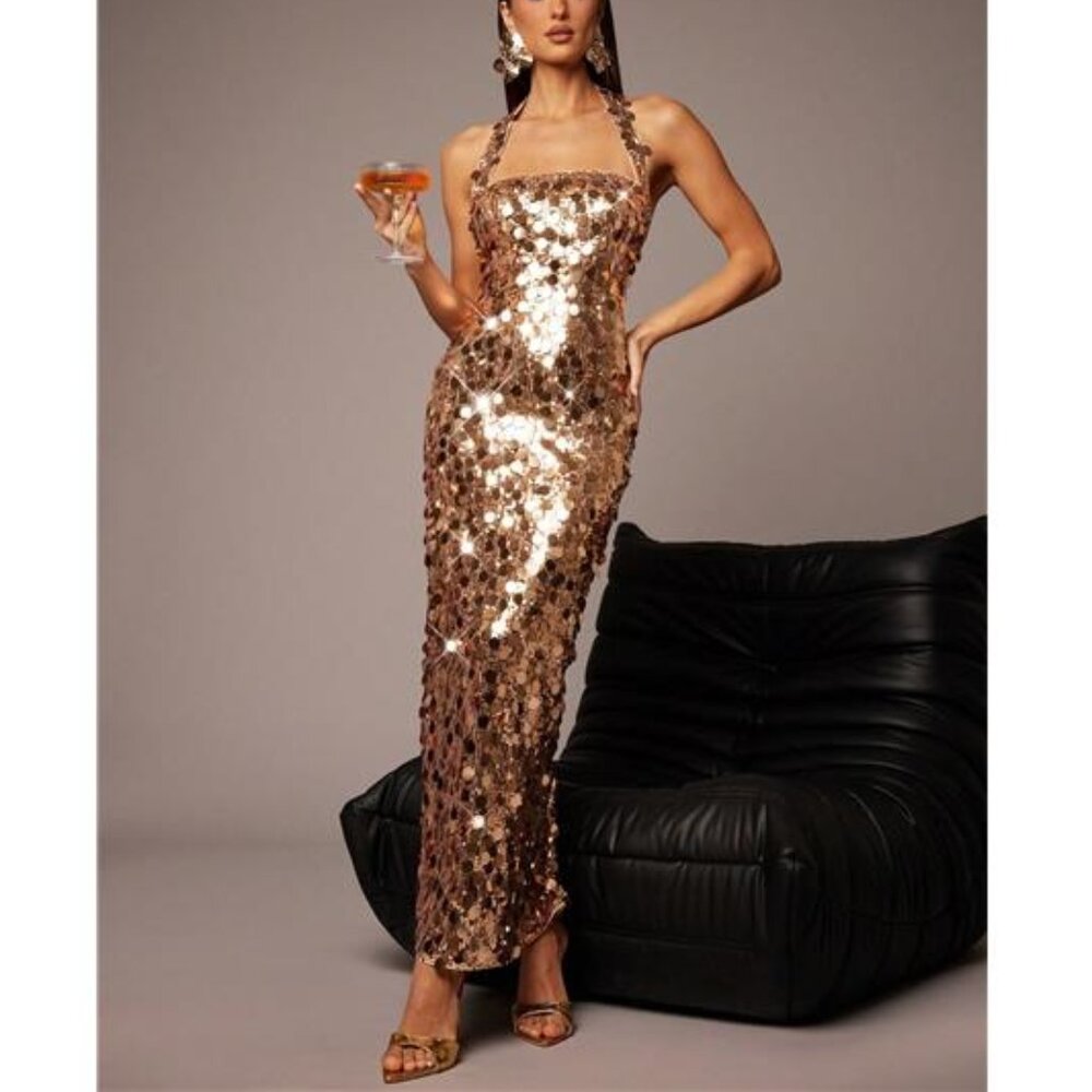 NEW - Gold Sequin Halter Maxi Dress Glam Party‎ Wedding Guest Gown